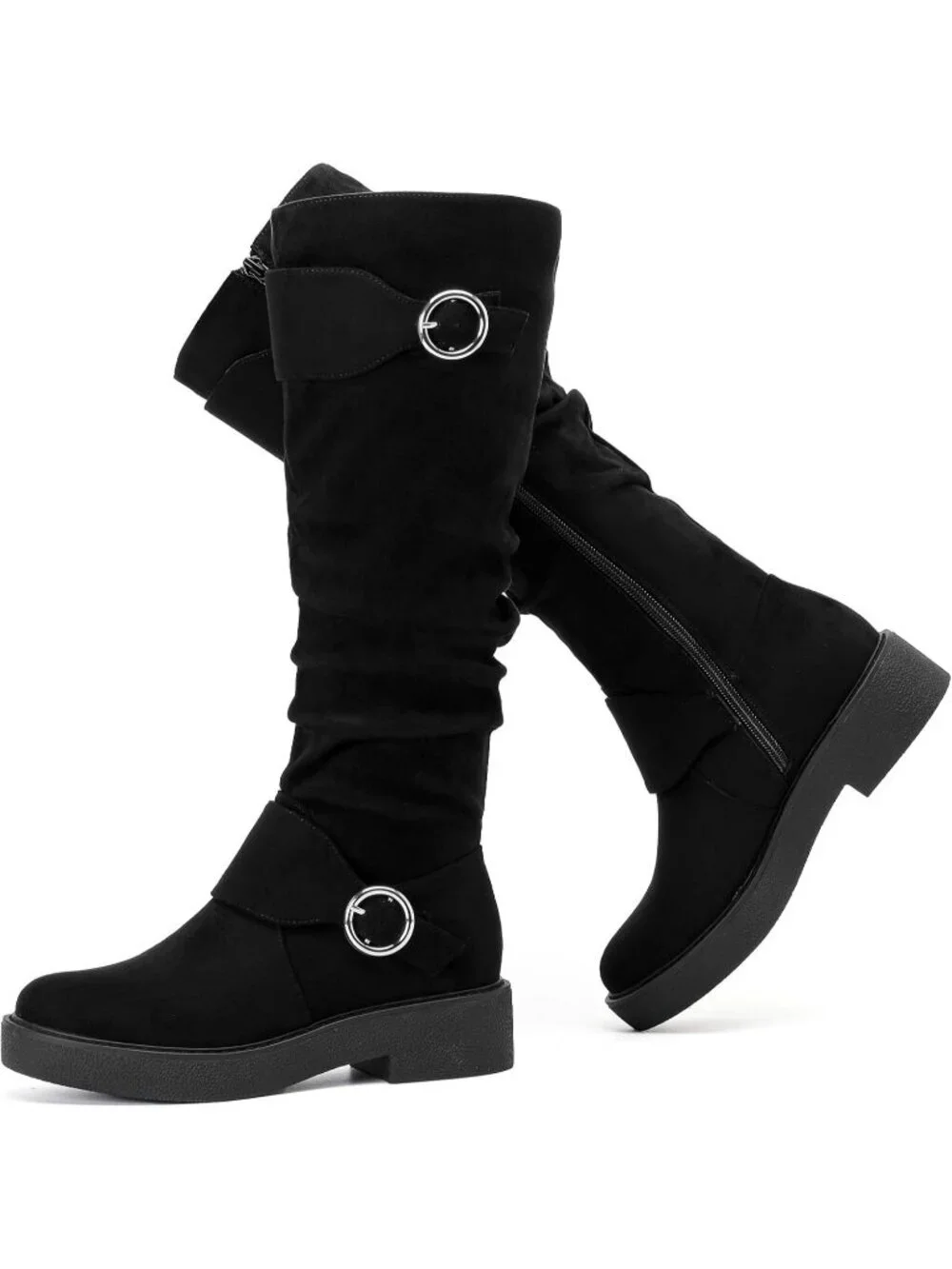 Women's Black Leather Rubber Slouchy Knee High Comfortable Stylish Tall Boots